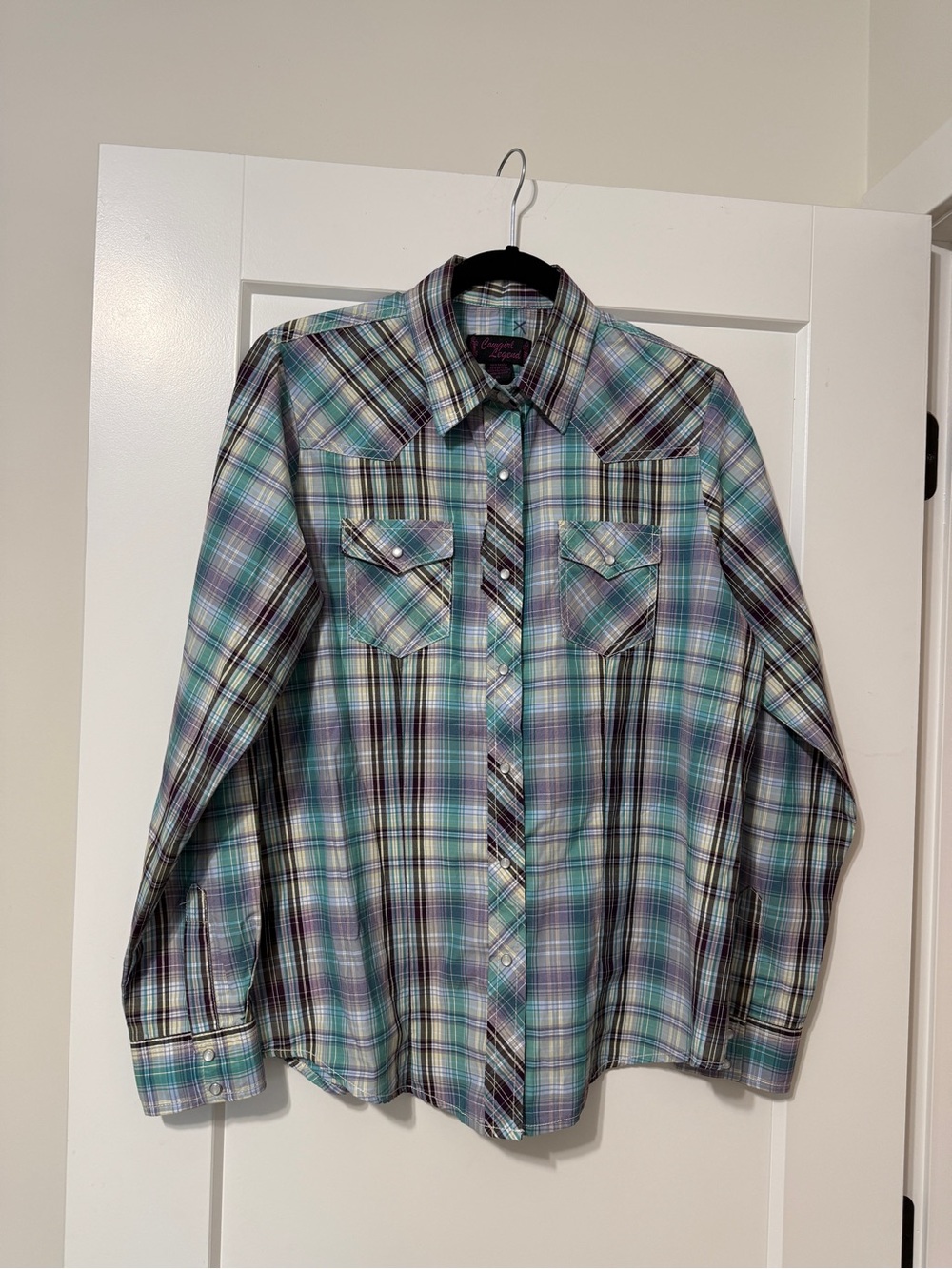Cowgirl Legend Women's Plaid Button-Down Western Shirt - Teal & Purple